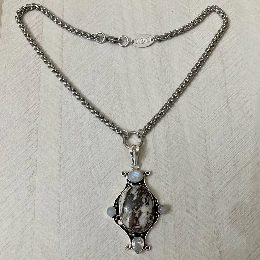 Genuine moonstone white & brown agate gemstones & opalite boho silver necklace - Picture 15 of 15